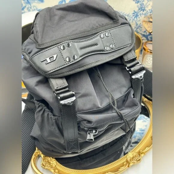 🆕 DIESEL 🧿 NWOT Black Nylon Monogrammed Backpack - Picture 4 of 13
